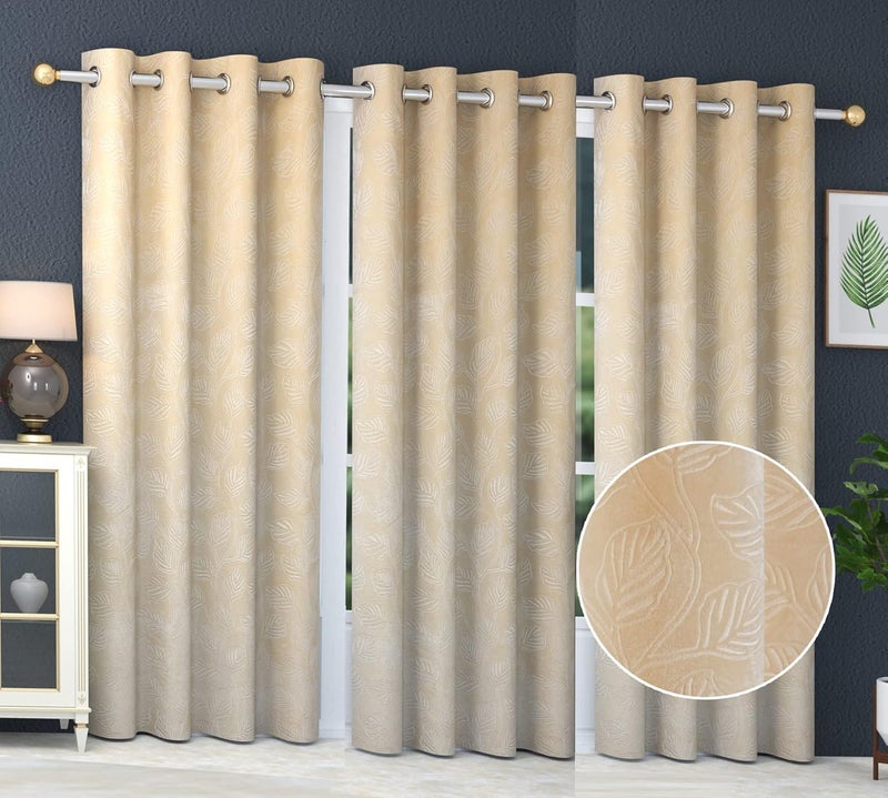 Purav Light Velvet Leaf Pattern Room Darkening Combo Door Curtains for Living Room Bedroom Home Decor Parda (7 feet Long, Cream, Set of 3 Pieces)