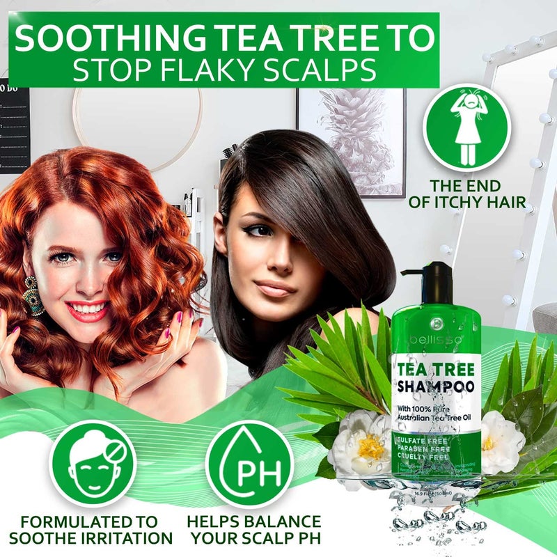 BELLISSO Tea Tree Oil Shampoo - Sulfate and Paraben Free with Collagen Keratin - Ideal for Women and Men with Oily Hair and Scalp Buildup - Anti Dandruff Treatment for Itchy, Dry Scalps â€“ Salon Grade Products - Image 1