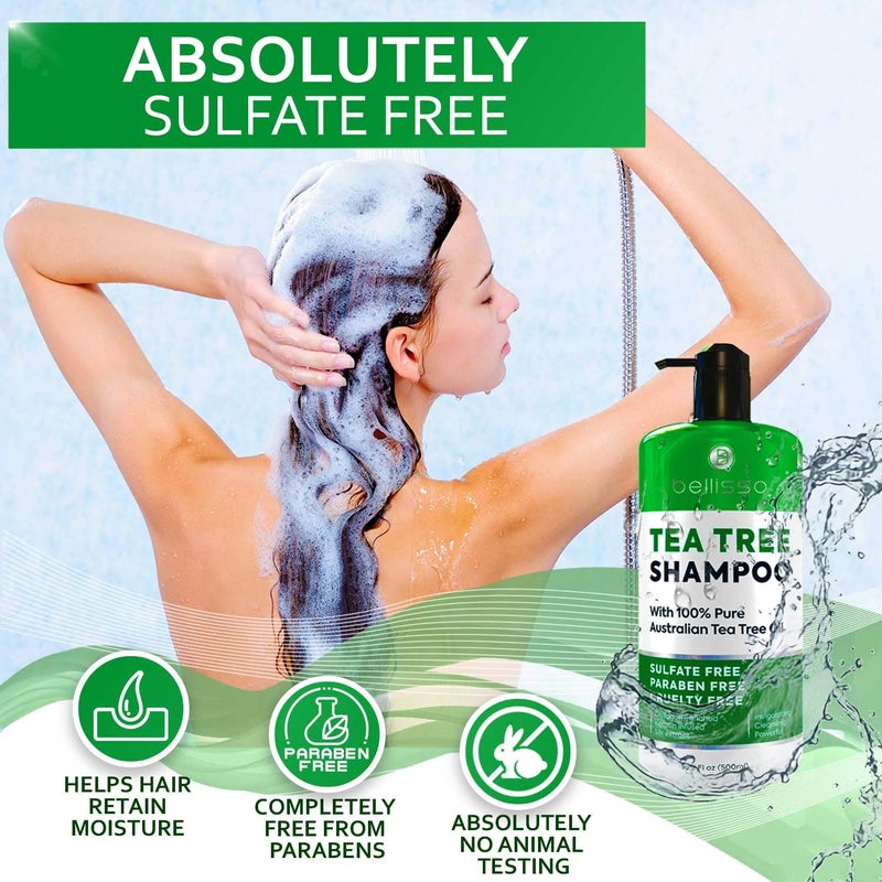 BELLISSO Tea Tree Oil Shampoo - Sulfate and Paraben Free with Collagen Keratin - Ideal for Women and Men with Oily Hair and Scalp Buildup - Anti Dandruff Treatment for Itchy, Dry Scalps â€“ Salon Grade Products - Image 3