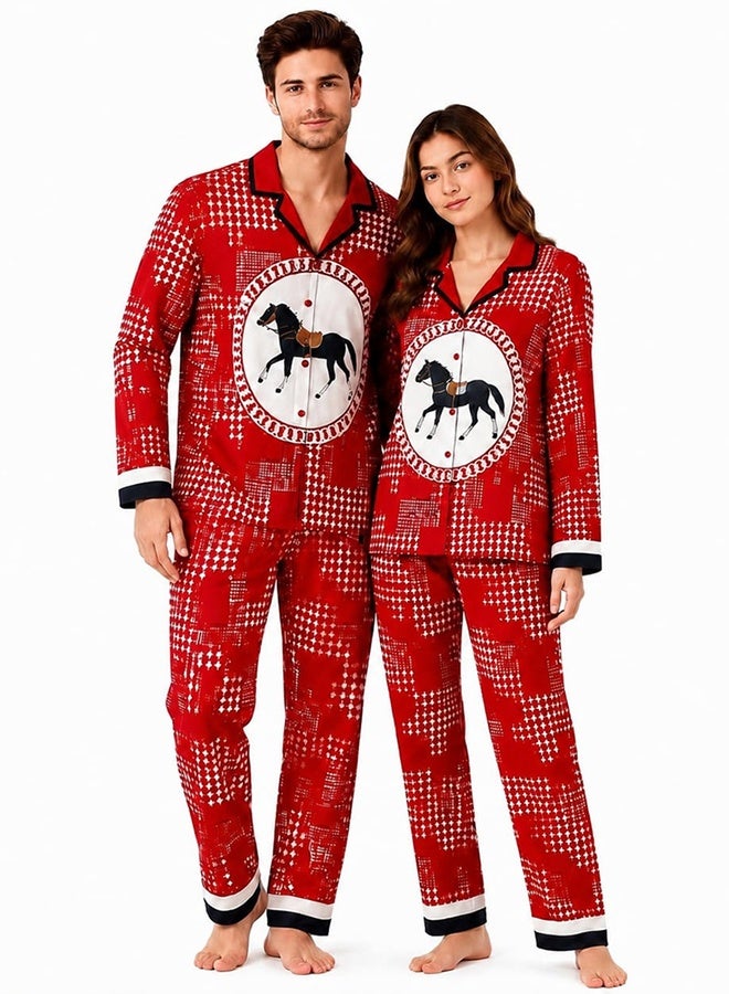 MARGOUN XL Size Men,XXL Size Women , Couple Pajamas, Set Silk Like, Horse Print Nightwear Fashion Couple Sleepwear Home Clothes for Men Women Red / MG13
