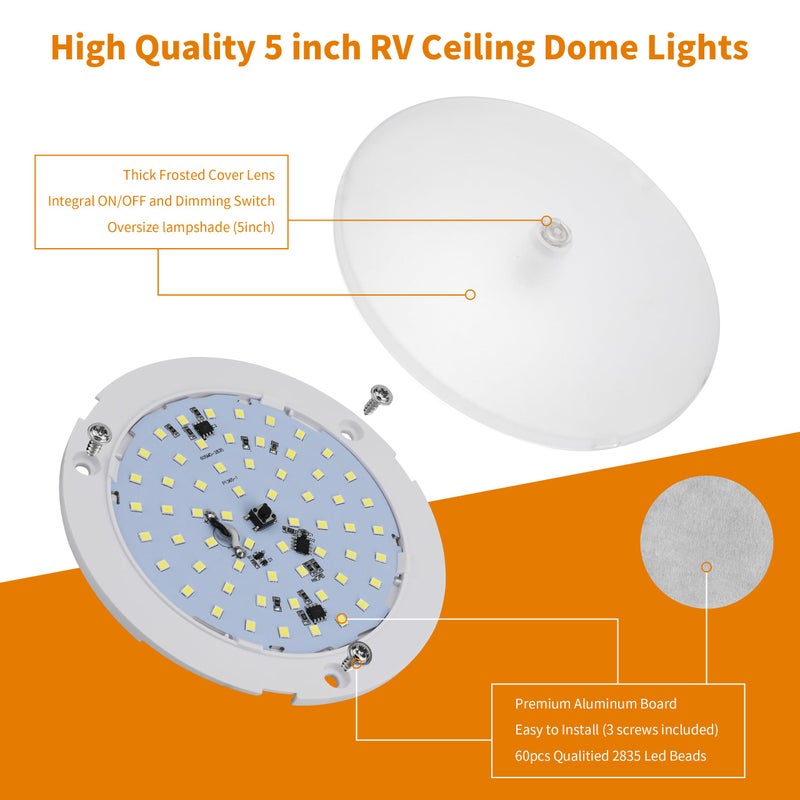 RVZONE RV Lights Interior, 5 Inch Cool White RV LED Ceiling Puck Light Dimmable 12V Camper Puck Lights 6000-6500k Transparent Frosted 4.5W LED Ceiling Dome Light for Camper Van Trailer Boat, 5-Pack - Image 2