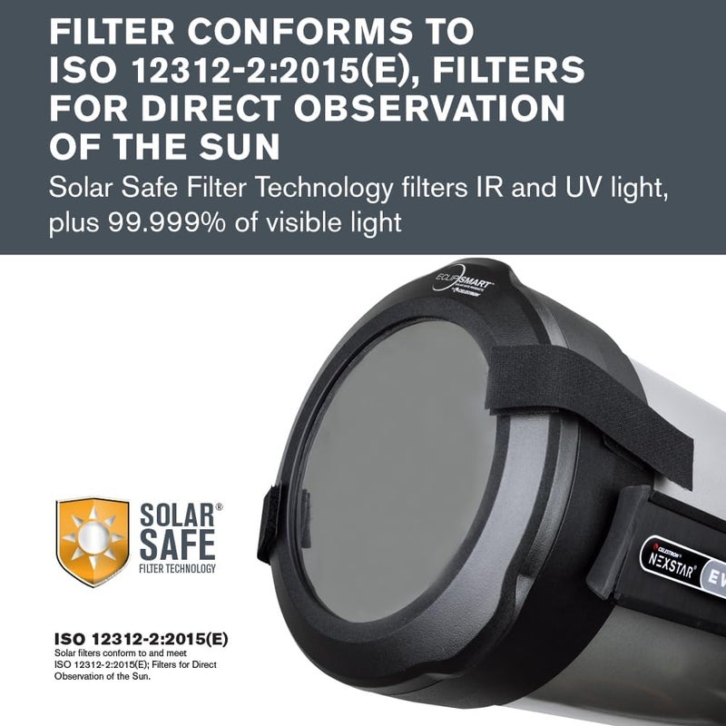 سلسترون مرشح تلسكوب كسوف الشمس Celestron EclipSmart Safe يتوافق مع معايير ISO 12312-2:2015(E)، يعمل مع تلسكوبات Schmidt-Cassegrain بقطر 6 بوصة، يسمح بمراقبة كسوفات الشمس وبقع الشمس، ويتم تثبيته بأمان على عدسة التلسكوب. - Image 2