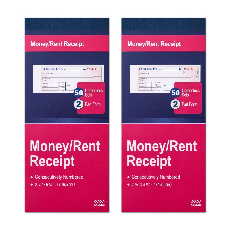 XKDOUS 2 Pack Money and Rent Receipt Book, 2-Part Carbonless, 2-3/4" x 6-1/2" Receipt Book for Small Business, 50 Sets per Book - Image 1