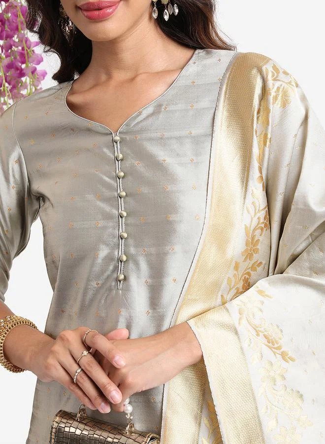 Vishudh Vishudh Women Grey Printed Kurta Set with Dupatta