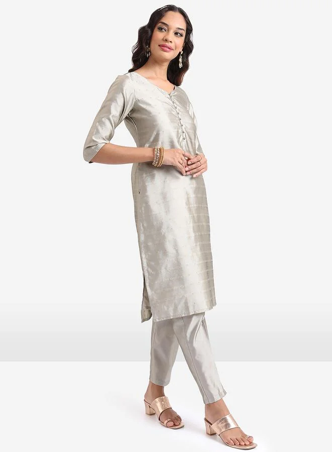 Vishudh Vishudh Women Grey Printed Kurta Set with Dupatta
