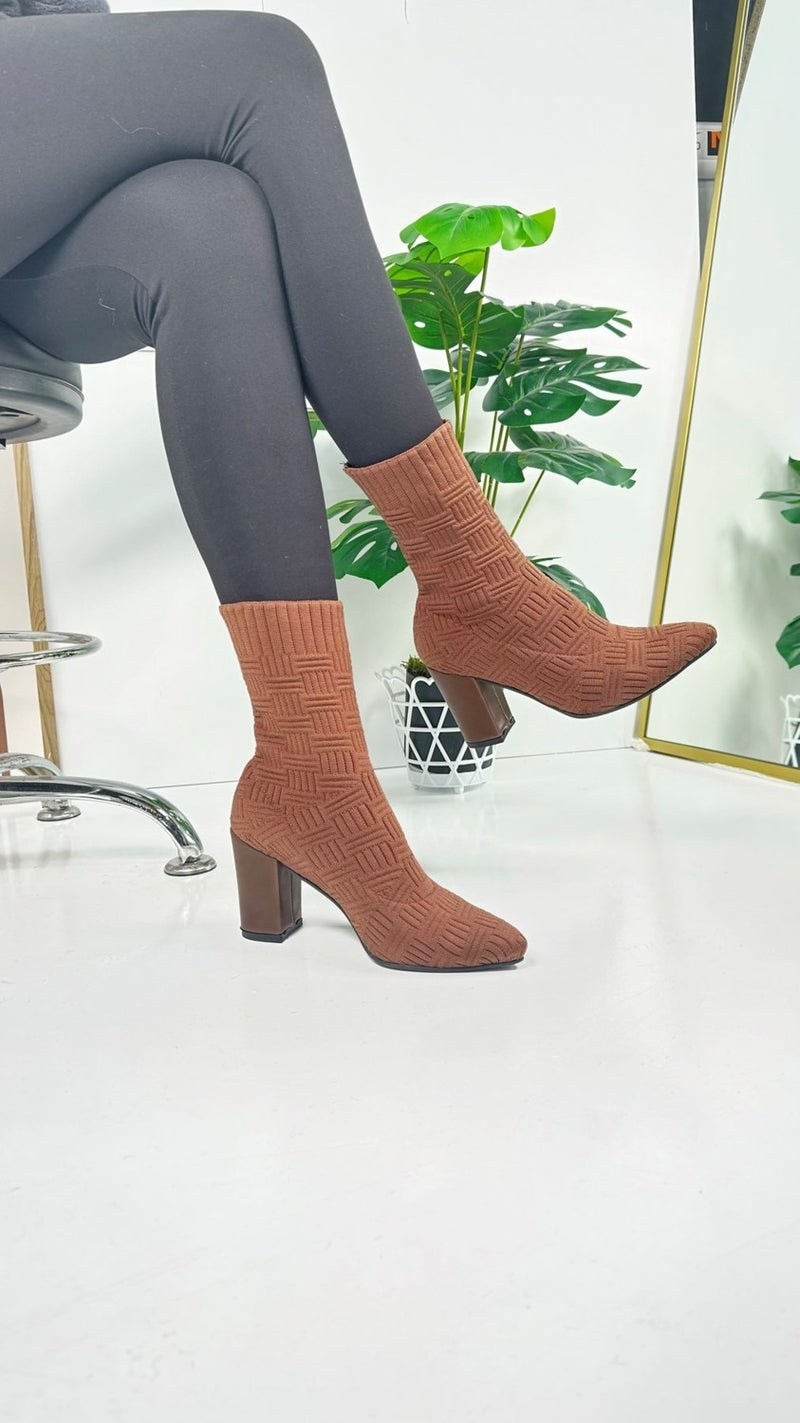 Nstil Casual Women's Boots High Thick Heels Knit Flexible Pointed Toe Scratch Sole Comfortable Bootie 168  - Image 2