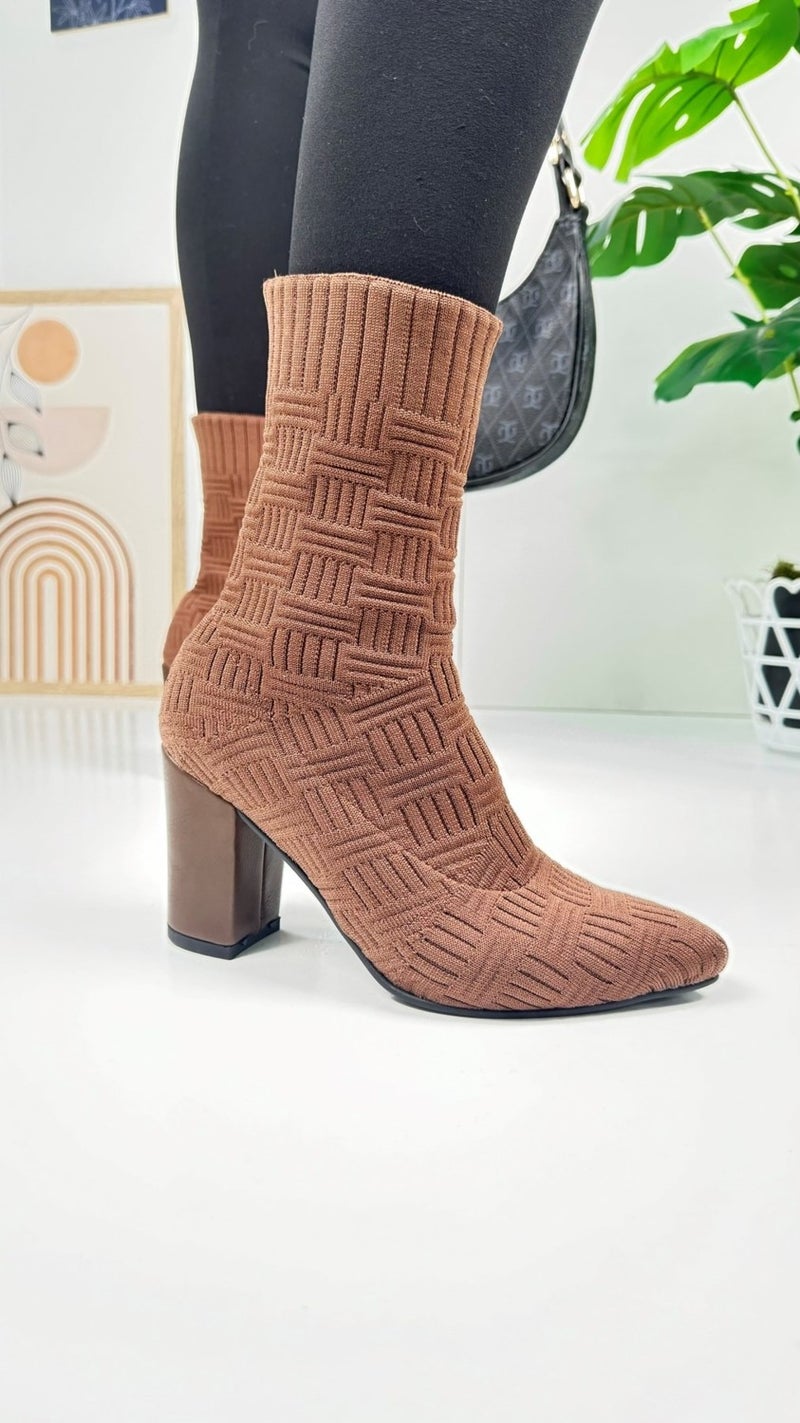 Nstil Casual Women's Boots High Thick Heels Knit Flexible Pointed Toe Scratch Sole Comfortable Bootie 168  - Image 1