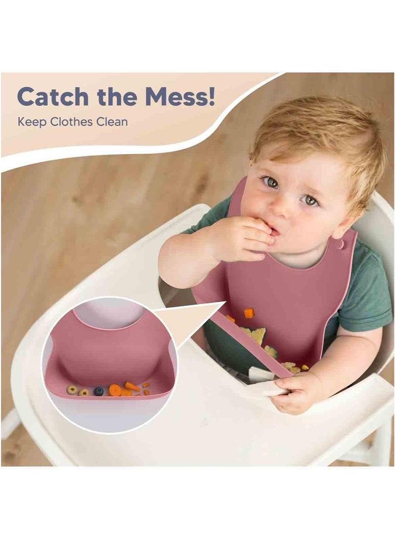MarlaMall 5-Pieces Silicone Baby Feeding Set, Baby Led Weaning Supplies with Suction Bowl and Divided Plate, Wooden Spoon and Fork, Toddler Tableware Set with Adjustable Soft Silicone Bib - Image 3