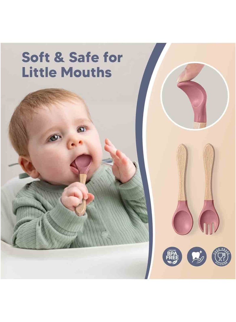 MarlaMall 5-Pieces Silicone Baby Feeding Set, Baby Led Weaning Supplies with Suction Bowl and Divided Plate, Wooden Spoon and Fork, Toddler Tableware Set with Adjustable Soft Silicone Bib - Image 4