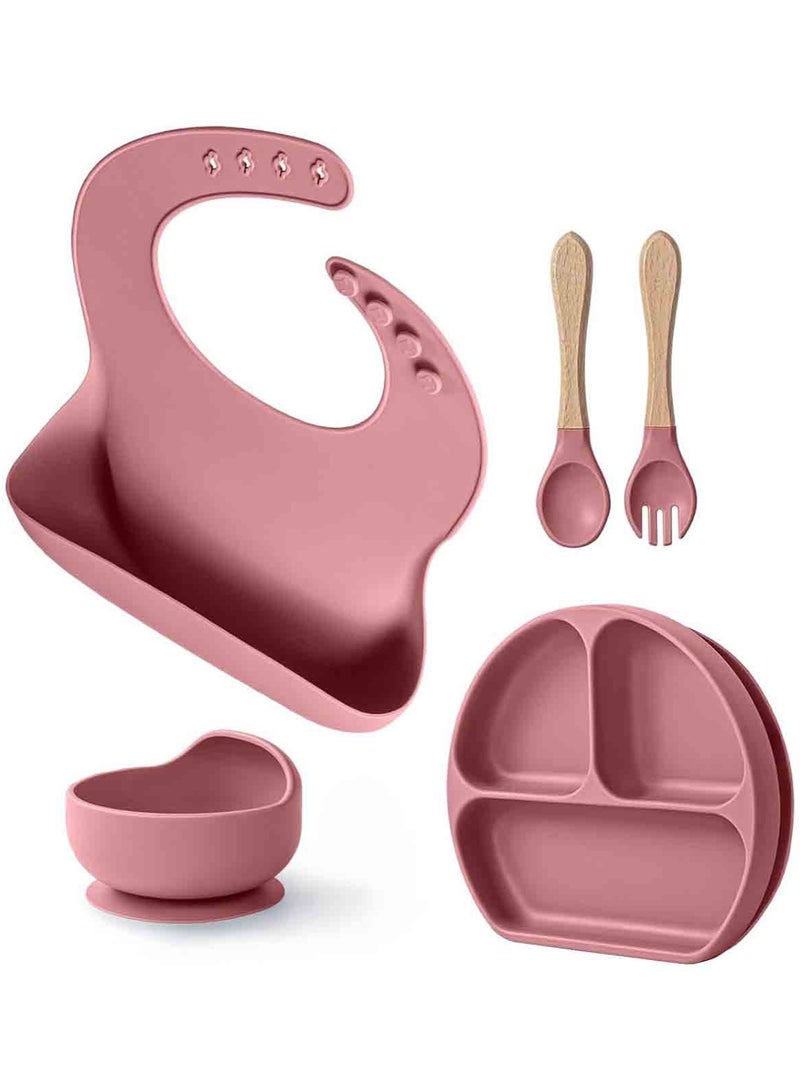 MarlaMall 5-Pieces Silicone Baby Feeding Set, Baby Led Weaning Supplies with Suction Bowl and Divided Plate, Wooden Spoon and Fork, Toddler Tableware Set with Adjustable Soft Silicone Bib - Image 1