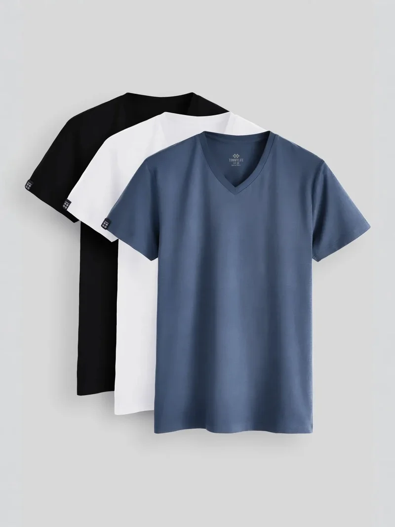 تومي لايف TOMMY Men's Cotton Elastane V-Neck T-Shirt