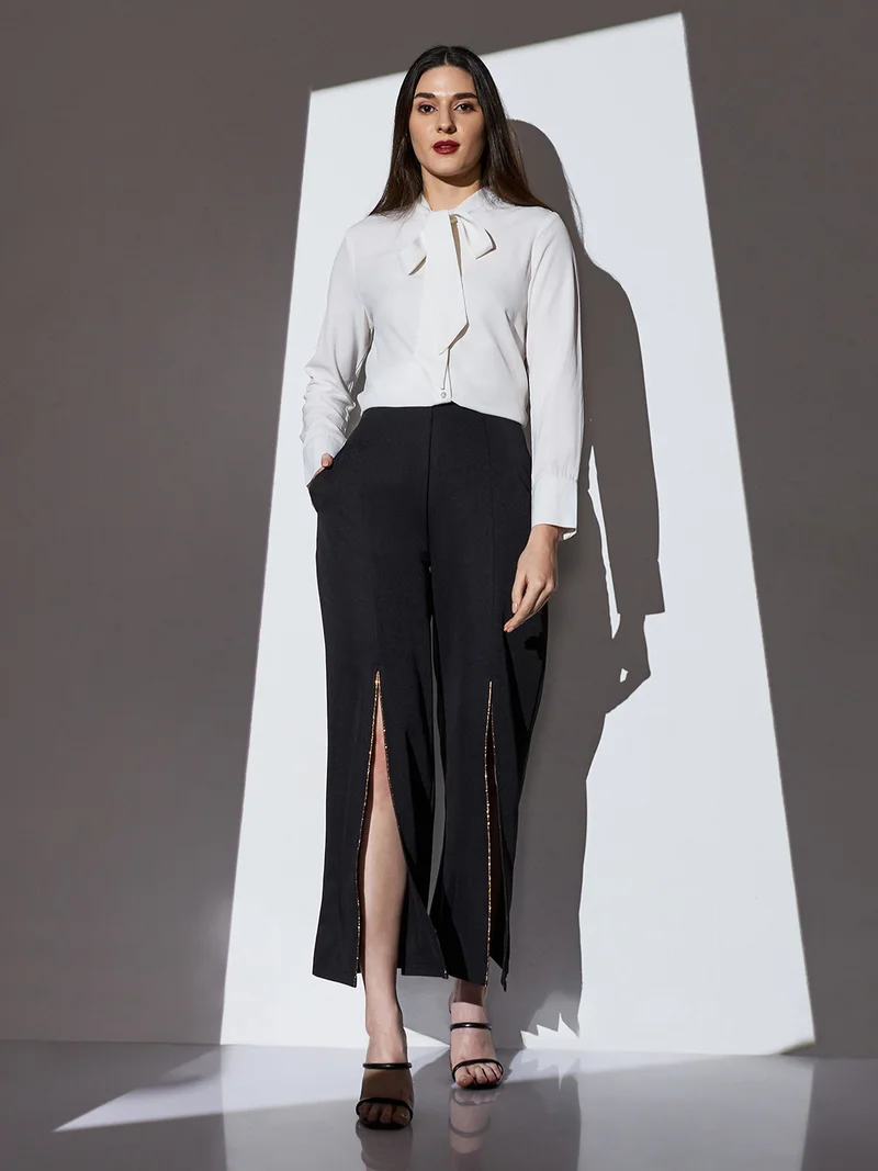 globus Globus Women Black Mid-Rise Shimmer Front Slit Wide Leg Party Trousers