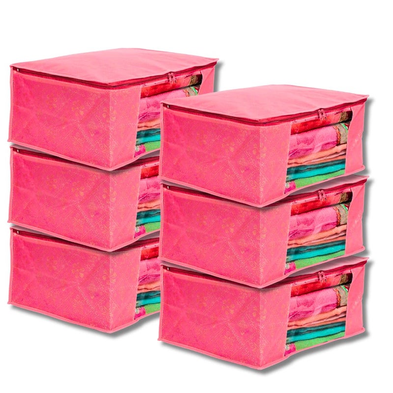 BB BACKBENCHERS Saree CoverBagsOrganizer For Wardrobe Foldable Saree Covers With Zip Multipurpose Storage Bag For Suit Lehanga Dress Packing With Transparent Window Pack of 6 PinkSatiya - Image 1