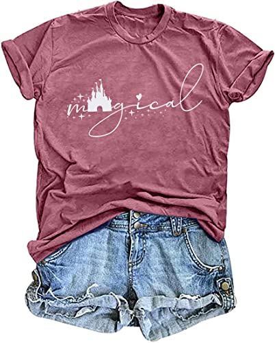 UNIQUEONE Magical Shirt for Women Magic Kingdom Tshirt Family Vacation Tee Castle Graphic Short Sleeve Tops Pink - Image 1