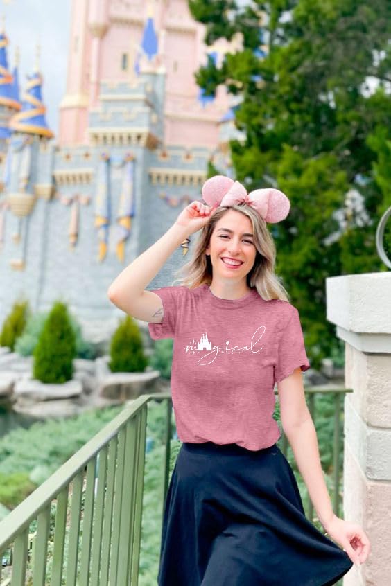 UNIQUEONE Magical Shirt for Women Magic Kingdom Tshirt Family Vacation Tee Castle Graphic Short Sleeve Tops Pink - Image 2