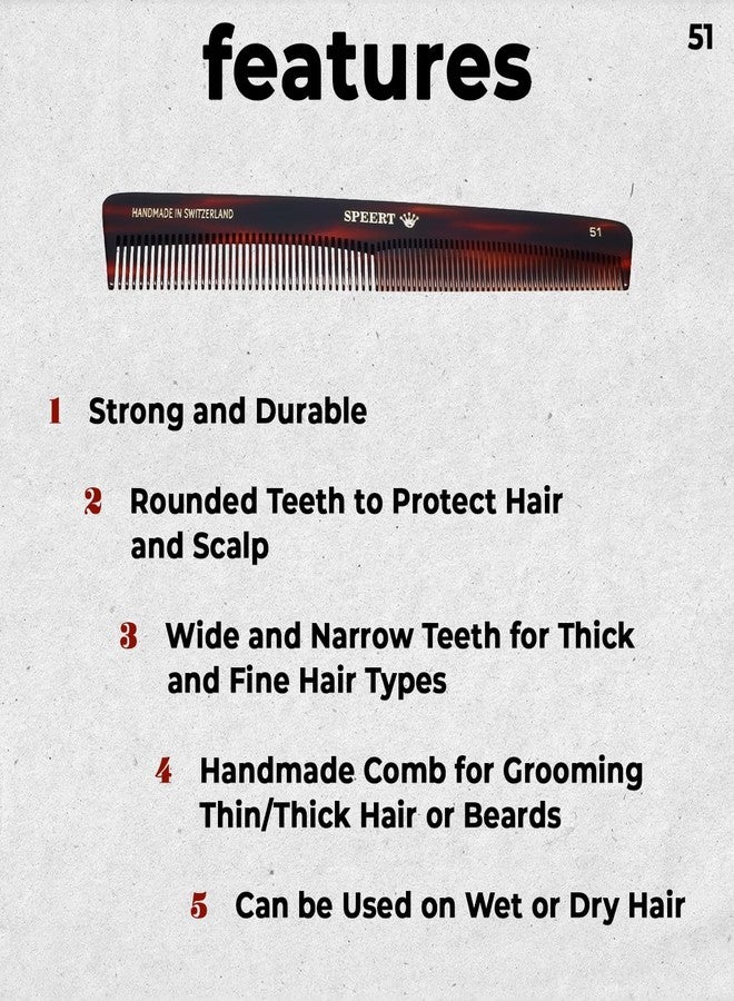 Speert #51 Handmade Wide Narrow Tooth Comb Tortoise Havana Acetate Thick Coarse Curly Thin Fine Straight Hair Detangling Parting Grooming Teasing Hair Styling Hairdresser Barber Hairdressing Wet Dry - Image 2