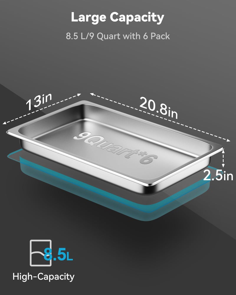 ZeroPone 6 Pack Hotel Pans Full Size 2.5" Deep Stainless Steel Steam Table Pan, 20.8" L x 12.8" W 22 Gauge Metal Commercial Catering Food Pans Anti Jam Food Storage Containers - Image 3