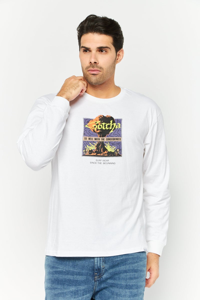 Gotcha تي شيرت رجالي بأكمام قصيرة وياقة دائرية، مطبوع برسومات، أبيض - Image 1