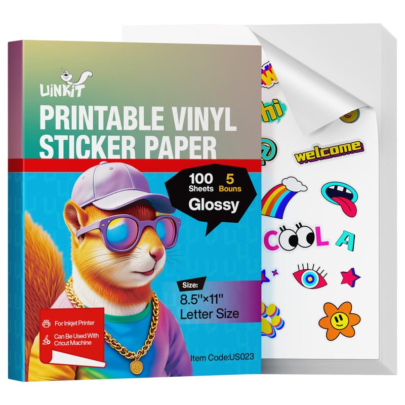 Uinkit 105 Sheets Premium Printable Vinyl Sticker Paper for Inkjet Printer Cricut,included 100Sheets Glossy and 5Sheets Transparent Label Waterproof Adhesive Dries Quickly Tear-Resistant, Removable - Image 1