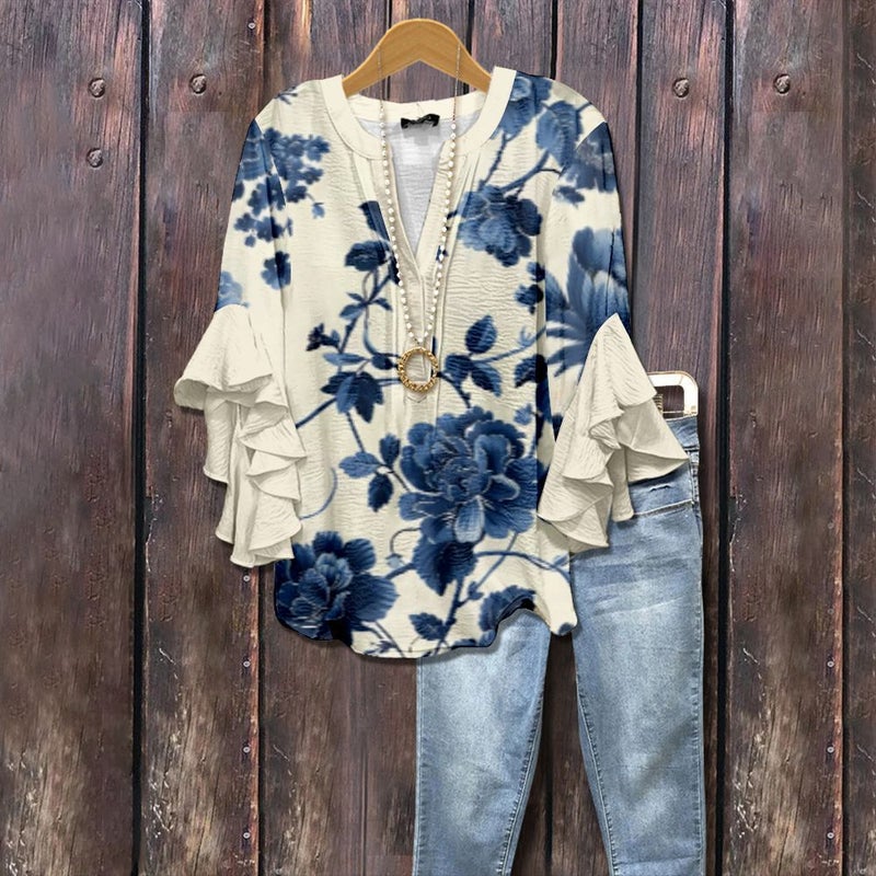 3D جديد إبداعي عنصر الزهور طباعة الطباعة الرقمية العادية عصرية V-Neck رافلد حافة تي شيرت للنساء - Image 1
