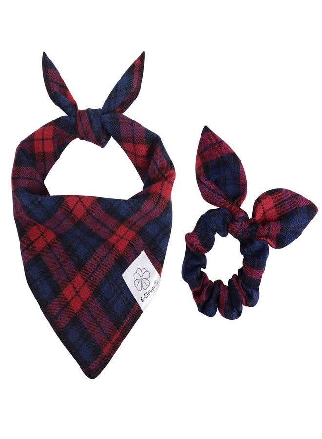 E-Clover Red Dog Bandanas & Matching Scrunchie Set Plaid Dog Scarf Bibs for Medium Large Dogs Girl Boy Pet Owner Gift Blue Valentine - Image 1