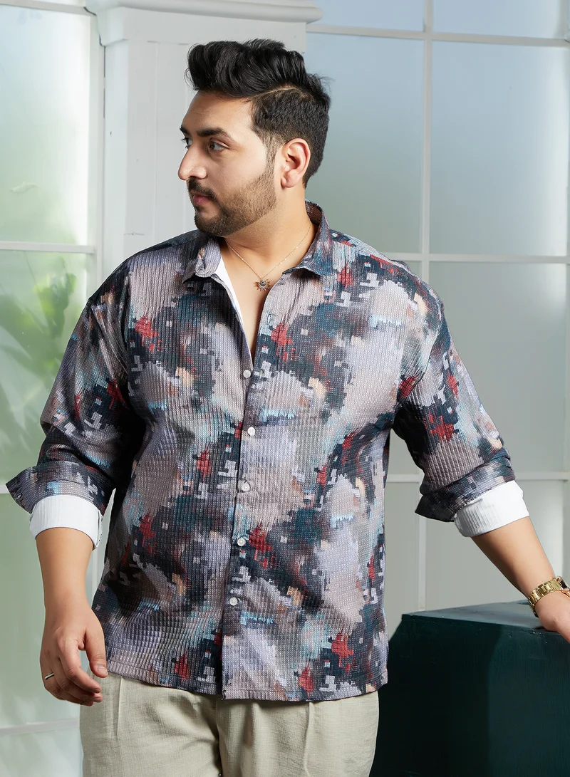 Instafab Plus Instafab Plus Men's Grey & Red Artistic-Blur Shirt For Casual Wear | Spread Collar | Long Cuffed Sleeves | Button Closure | Plus Size Shirt Crafted With Comfort Fit For Everyday Wear