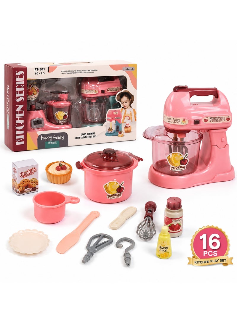 16 PCS Kids Kitchen Play Set - Pretend Cooking Toy Set with Mixer, Bowl & Kitchen Accessories, Happy Family Role Play Kitchen Toys for Girls & Boys Ages 3+, Educational Pretend Play Gift