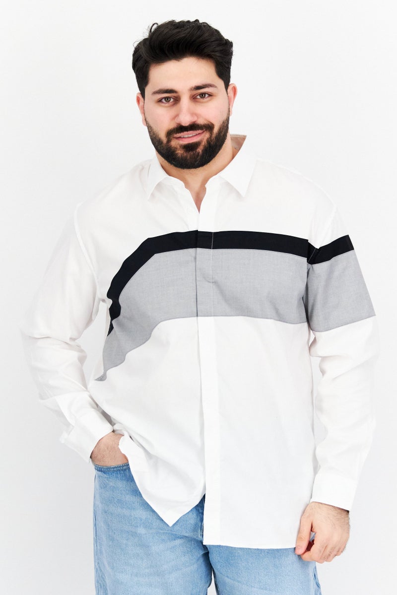 Selected Homme Men Regular Fit Colorblock Long Sleeve Casual Shirt, White - Image 1