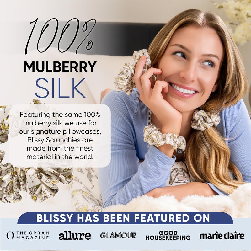 Blissy Silk Scrunchies (3 Pack) - 100% Pure Mulberry Silk - 22 Momme 6A High-Grade Fibers Scrunchie for Straight & Curly Hair (Nicole Miller NY to Paris, Regular) - Image 5