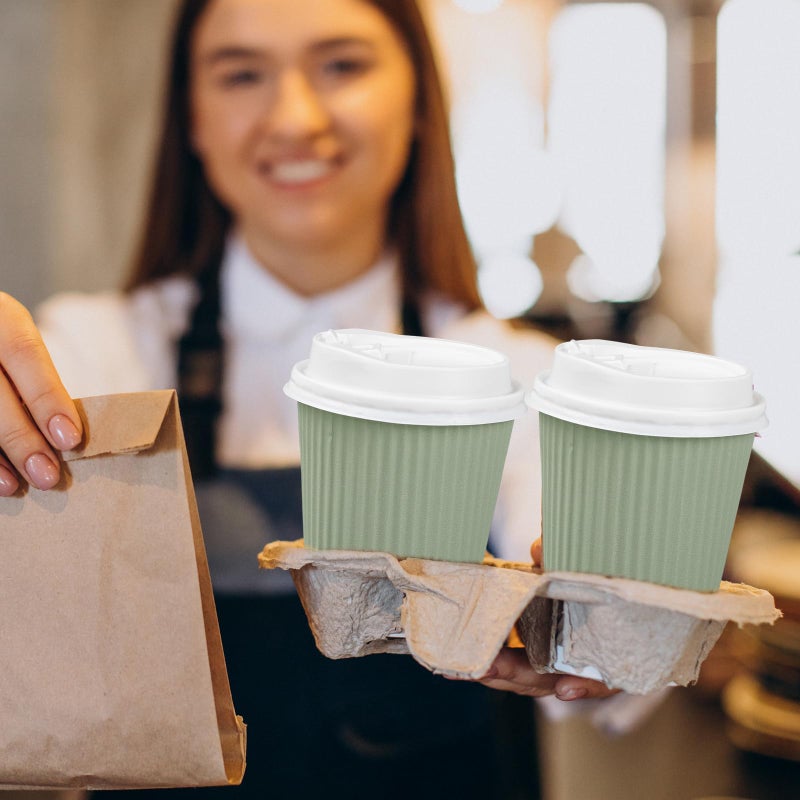 Whaline 100Pcs Sage Green Disposable Coffee Cups with Lids 12oz Solid Green Paper Cups Corrugated Ripple Wall Insulated Hot Cups for Home Office Party Supplies - Image 5