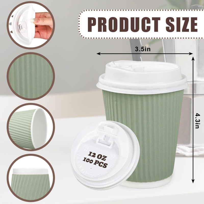 Whaline 100Pcs Sage Green Disposable Coffee Cups with Lids 12oz Solid Green Paper Cups Corrugated Ripple Wall Insulated Hot Cups for Home Office Party Supplies - Image 2