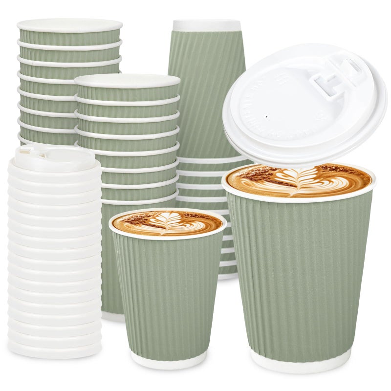 Whaline 100Pcs Sage Green Disposable Coffee Cups with Lids 12oz Solid Green Paper Cups Corrugated Ripple Wall Insulated Hot Cups for Home Office Party Supplies - Image 1