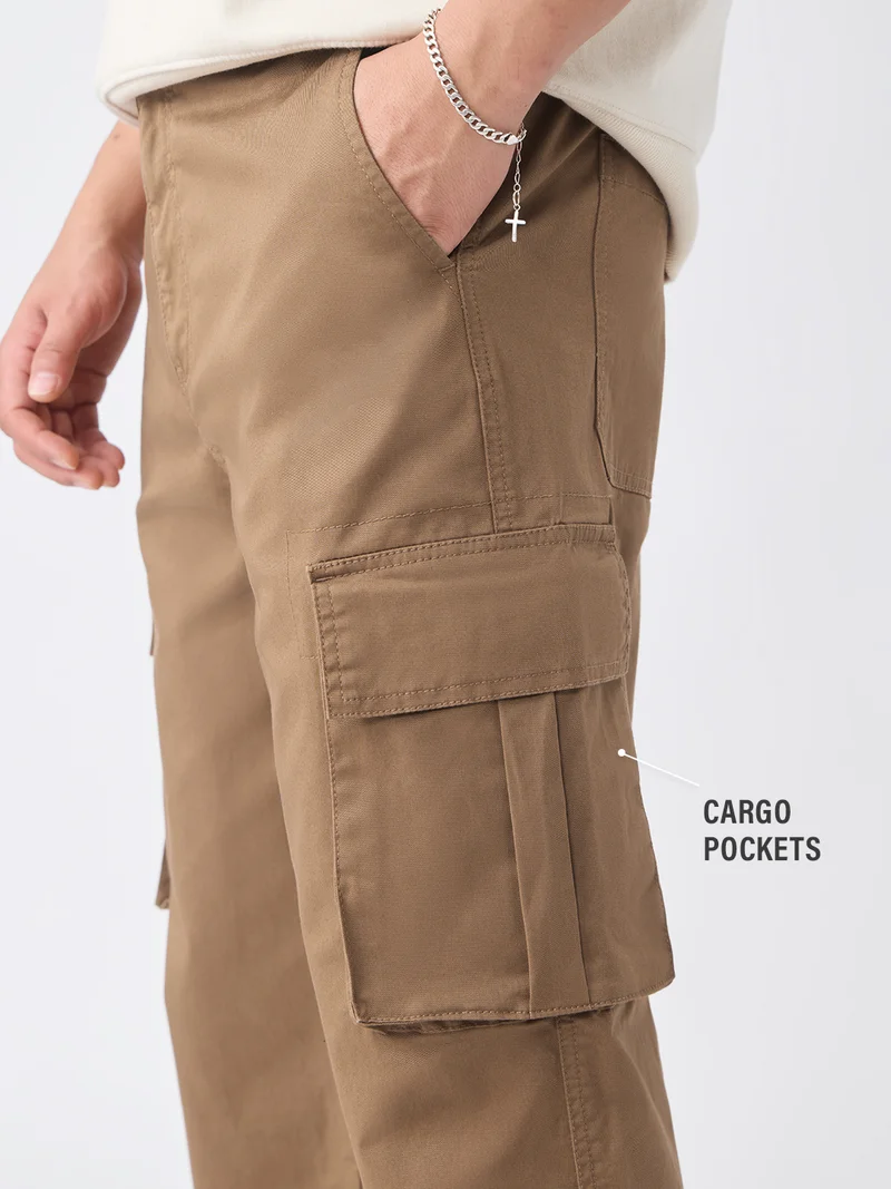 The Souled Store  Utility Line: Autumn Ember Men and Boys Zippered Waist Solid Cotton Twill Straight Fit Lightweight Stretchable Six Pocket Cargo Pants  | Best Price UAE