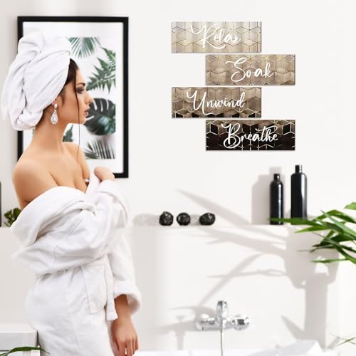 Huwena 4 Pcs Brown Bathroom Wall Decorations Modern Gradient Wood Wall Art Beige Bathroom Sign Relax Soak Unwind Breathe Geometric Golden Cubic Lines Hanging Sign for Home Living Room Toilet - Image 4