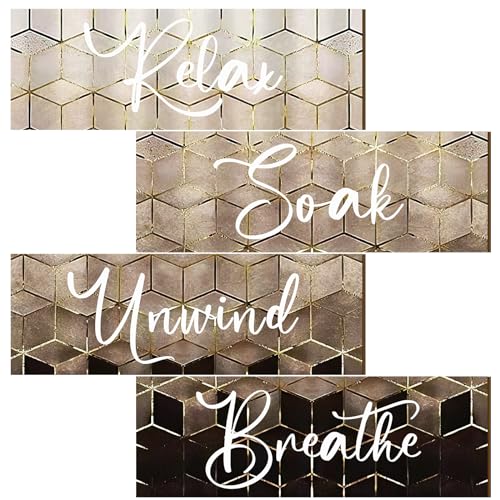 Huwena 4 Pcs Brown Bathroom Wall Decorations Modern Gradient Wood Wall Art Beige Bathroom Sign Relax Soak Unwind Breathe Geometric Golden Cubic Lines Hanging Sign for Home Living Room Toilet - Image 1