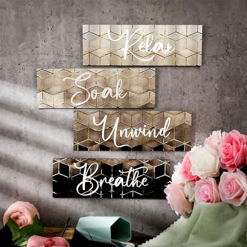 Huwena 4 Pcs Brown Bathroom Wall Decorations Modern Gradient Wood Wall Art Beige Bathroom Sign Relax Soak Unwind Breathe Geometric Golden Cubic Lines Hanging Sign for Home Living Room Toilet - Image 3