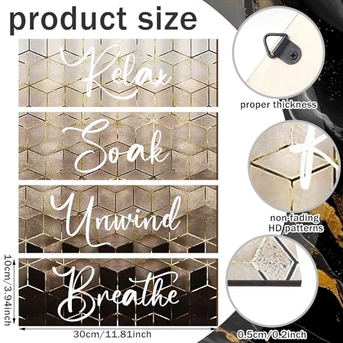 Huwena 4 Pcs Brown Bathroom Wall Decorations Modern Gradient Wood Wall Art Beige Bathroom Sign Relax Soak Unwind Breathe Geometric Golden Cubic Lines Hanging Sign for Home Living Room Toilet - Image 2
