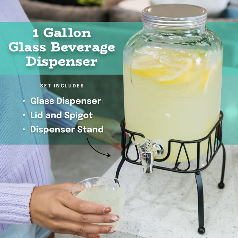 Estilo Gallon Drink Dispenser with Stand - Glass Beverage Dispenser with Stand for Weddings - Sun Tea Jar with Spigot 1 Gallon - Countertop Glass Water Dispenser for Lemonade and Parties - Image 2