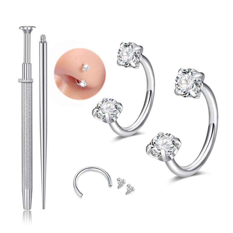 QWALIT Horseshoe Nose Ring 20g Double Gem Horse Shoe Nose Ring Hoop for Women Surgical Steel Half Hoop Earring Daith Tragus Earring Hoops Labret Lip Rings Helix Piercing Jewelry Septum Rings 20 gauge - Image 1