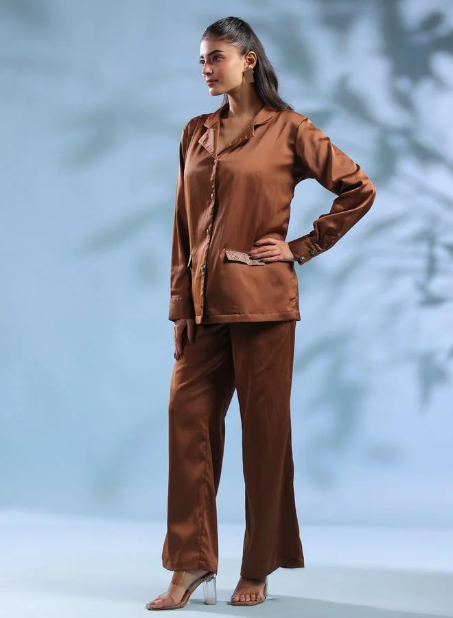 Sanskrutihomes  Rust Satin Embroidered Pockets Jacket and Trousers Co-ord Set for Women | Best Price UAE