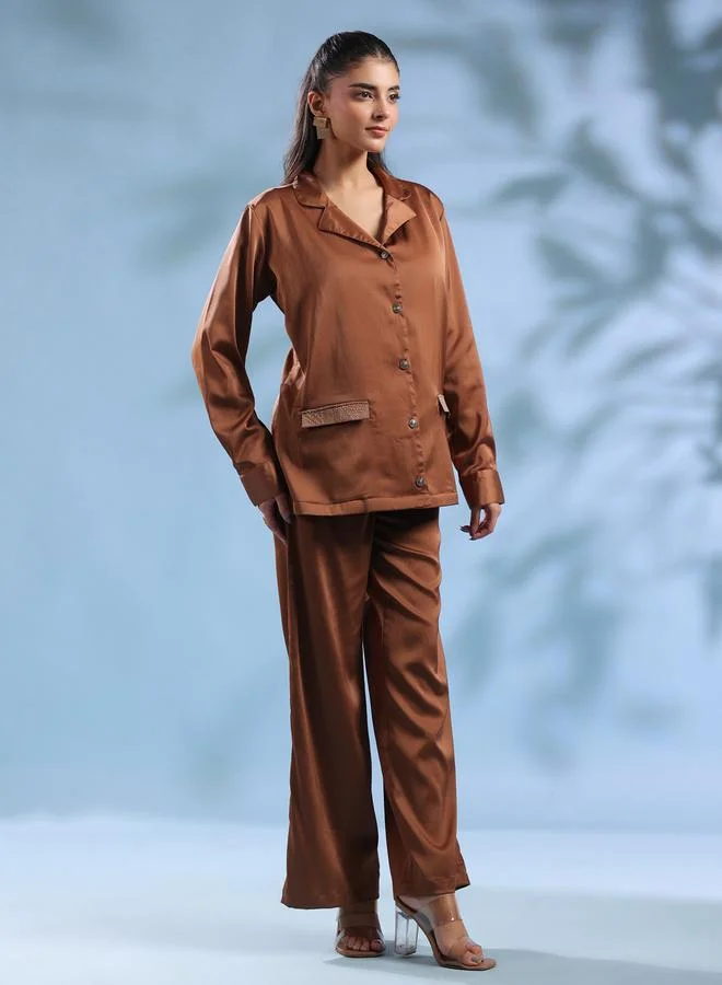 Sanskrutihomes  Rust Satin Embroidered Pockets Jacket and Trousers Co-ord Set for Women | Best Price UAE