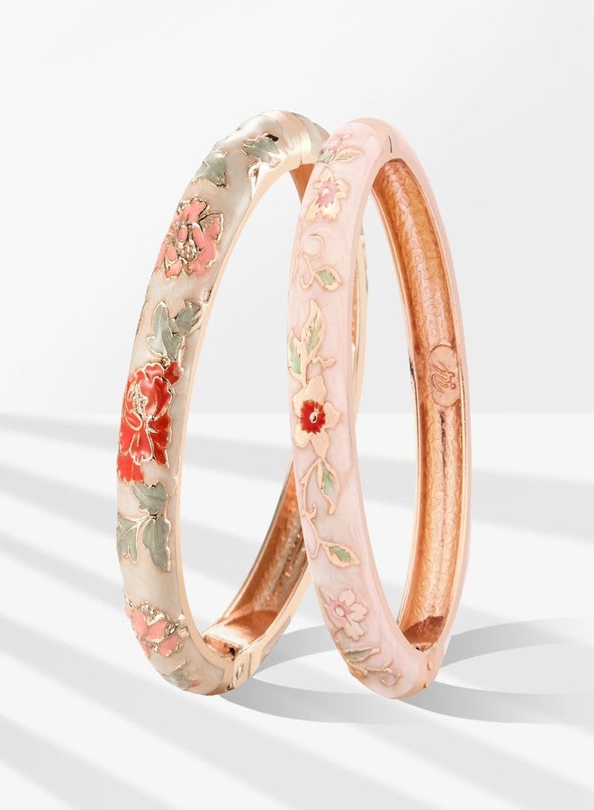 UJOY Vintage Bracelet Plated Enameled Jewelry Spring Hinge Metal Cuff Cloisonne Bangles Set Gift Box Packed 55A18-55A113 Cream White - Image 2