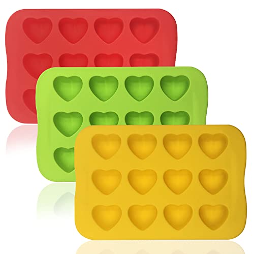 DaKuan Silicone Heart Shaped Molds, 3 Packs 12 Cavities Heart Shaped Silicone Mold for Chocolate Cake Jelly Pudding Handmade Soap Mould Candy Making (Red, Yellow, Green) - Image 1