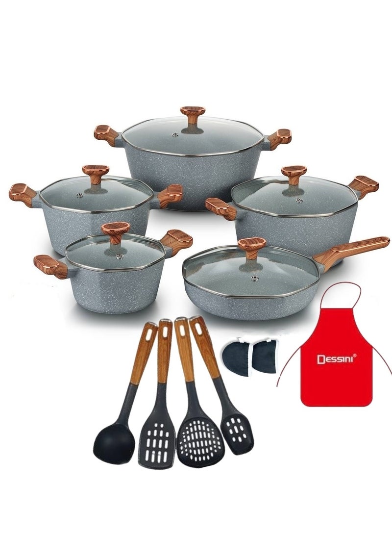 ديسيني طقم أواني طهي مطلي بالجرانيت 17 قطعة يتضمن كسرولة 20،24،28 و 32 سم مع غطاء ، مقلاة عميقة 28 سم مع غطاء و 7 أدوات طهي
