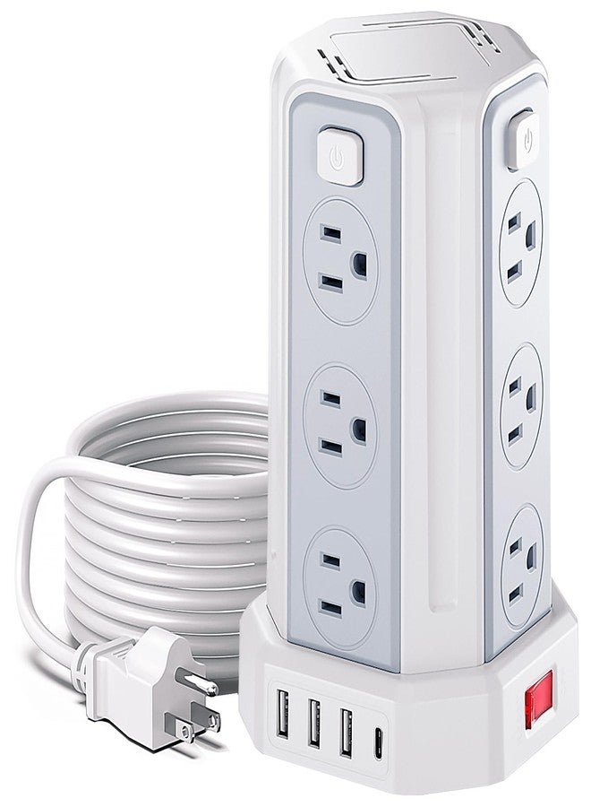 SMALLRT Power Strip Surge Protector, 10 Ft Extension Cord with 12 AC Multiple Outlets 4 USB (1 USB C), SMALLRT Power Tower Desktop Charging Station (White, 6.5 FT) - Image 1