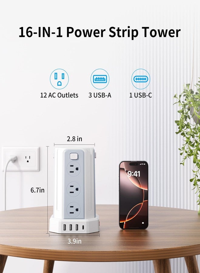 SMALLRT Power Strip Surge Protector, 10 Ft Extension Cord with 12 AC Multiple Outlets 4 USB (1 USB C), SMALLRT Power Tower Desktop Charging Station (White, 6.5 FT) - Image 4