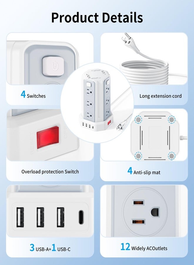 SMALLRT Power Strip Surge Protector, 10 Ft Extension Cord with 12 AC Multiple Outlets 4 USB (1 USB C), SMALLRT Power Tower Desktop Charging Station (White, 6.5 FT) - Image 2