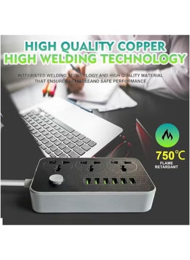 RECRSI Fast Charging Power Extension With 2500W USB Port – 3 Power Sockets & 6 Smart USB Ports Auto Max 3.4A – PS-14 Universal Socket Strip with Surge Protection, Safety Shutters – Ideal for Home, Kitchen, Office, Computer Desk & Entertainment Setup - Image 5