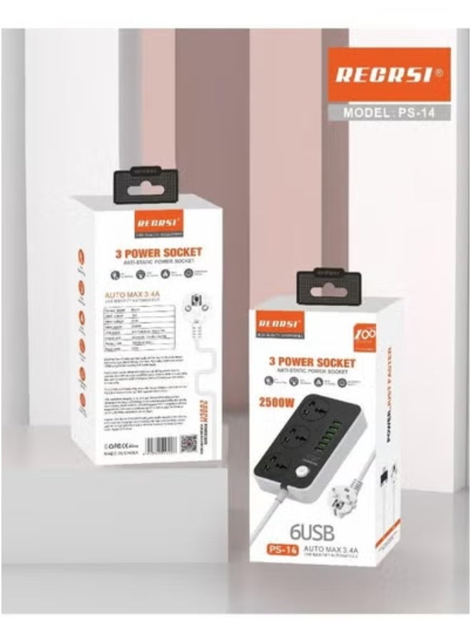 RECRSI Fast Charging Power Extension With 2500W USB Port – 3 Power Sockets & 6 Smart USB Ports Auto Max 3.4A – PS-14 Universal Socket Strip with Surge Protection, Safety Shutters – Ideal for Home, Kitchen, Office, Computer Desk & Entertainment Setup - Image 2