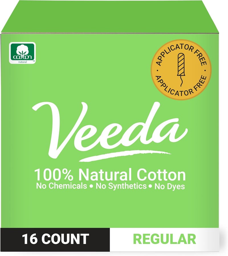 Veeda Veeda 100% Natural Cotton Compact Tampons Regular Absorbency - Applicator Free Tampons with Leak Proof Protection - Unscented, Chlorine & Toxin Free - 16 Count 